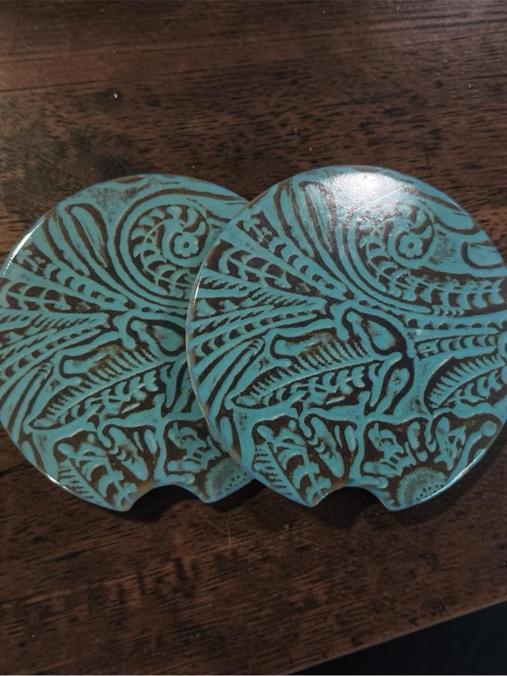 Turquoise and Brown Decorative Ceramic Car Coasters - Set of 2